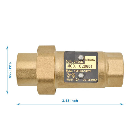 Brass dual check valve, 1/2 in FNPT, solid brass body, 150 PSI, 180°F, Amazon BISS