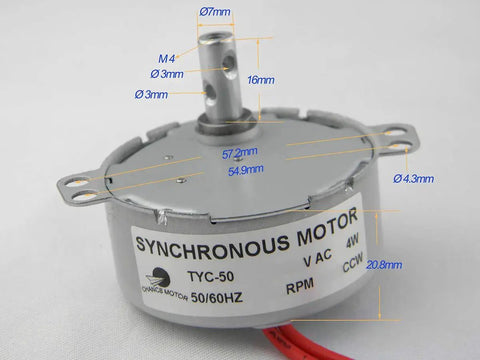 Compact 110V AC Synchronous Motor With 15 To 18 RPM CCW Shaft Rotation Low Noise 4W Gear Motor with visible measurements for electric fireplaces.