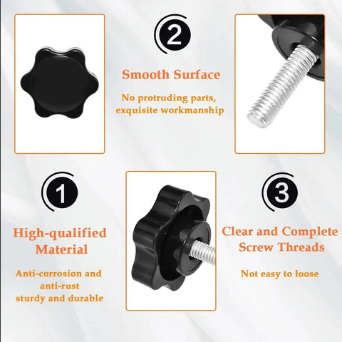 Image of M6 20mm Star Hand Knobs Set Black Plastic Hex Clamping For Umbrella Bases showing details of smooth surface, material, and screw threads.