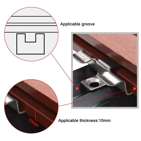 Close-up of 100 Pieces Decking Hidden Spacer Fasteners Board Clips with Self Tapping Screws Stainless Steel DIY Hardware installed in groove.