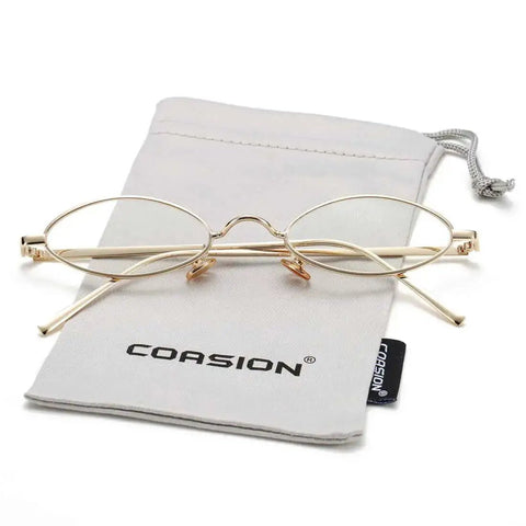 Vintage Oval Sunglasses For Men And Women Retro Metal Frame Sun Glasses With Clear Lenses UV400 Protection on gray pouch.
