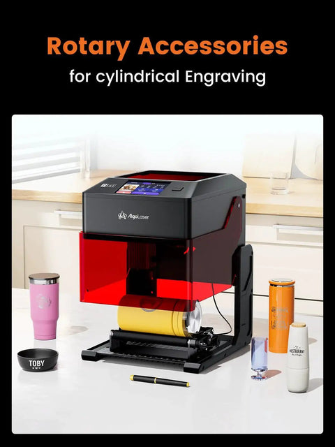 Portable 10W Laser Engraver For Wood Metal Glass With 3.5 Inch Touchscreen And AlgoOS No PC Needed Draw Direct Or Upload Designs Wirelessly Offline Engraving And Cutting By AlgoLaser in use with rotary accessories for cylindrical engraving.