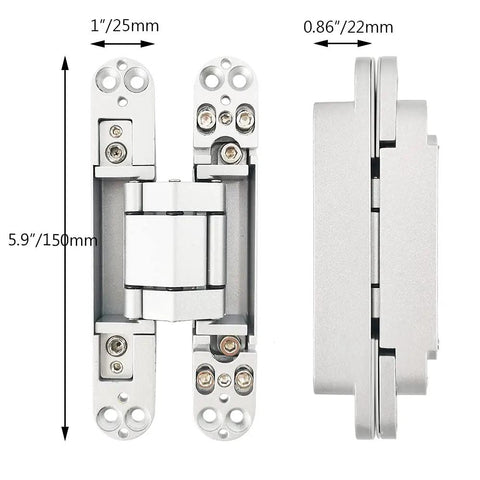 Concealed Door Hinges Heavy Duty Invisible 3D Adjustable Pair for Doors Up To 850mm Wide And 35mm Thick side and front view