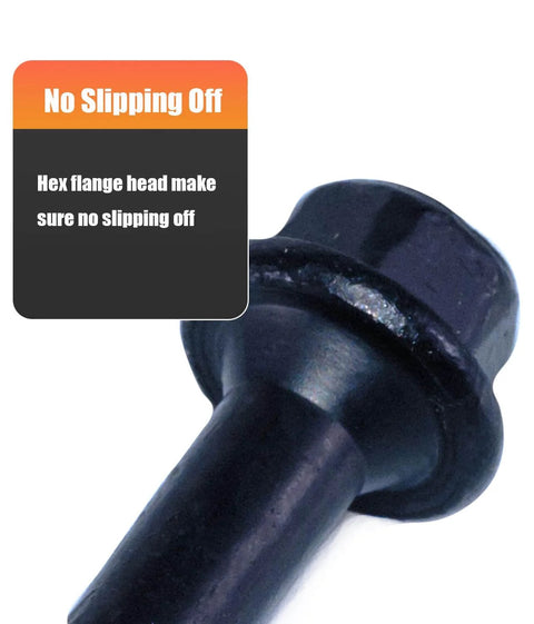 Close-up of black hex flange head on Structural Lag Screws 6 Inch 50 Pack Size 14 Black Timber Screws Built To Last Heavy Duty Rust Resistant