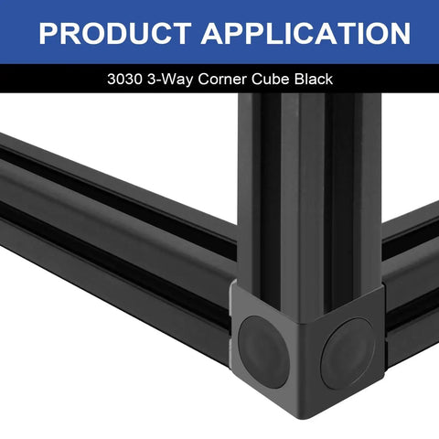 Close-up of 3030 three-way corner cube black for aluminum extrusion T slot and V slot hardware showcasing connection setup.