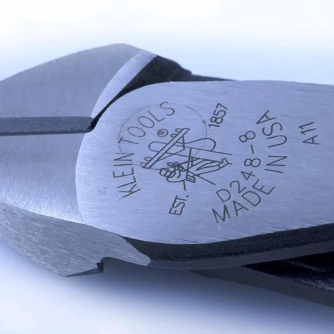 Close-up of Klein Tools logo on Angled-Head Diagonal Cutting Pliers For Tight Spaces With High-Leverage And Short Jaw 8-Inch