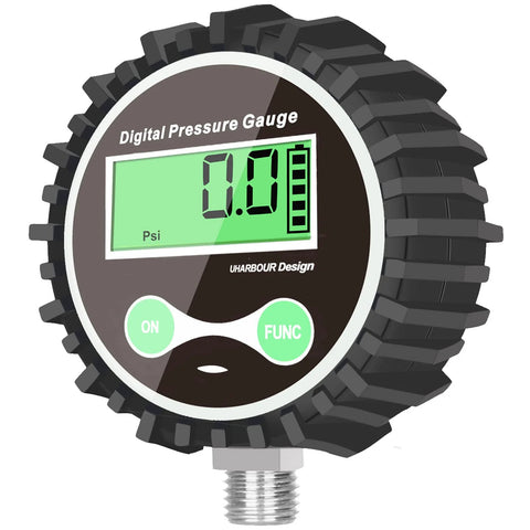 Uharbour Design digital tire pressure gauge with 1/4'' NPT bottom connector and rubber protector, 5-200 psi range