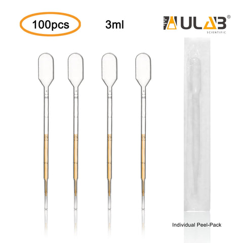 ULAB sterile transfer pipettes, 3ml capacity, 140mm long, LDPE, 4 pieces in peel-pack