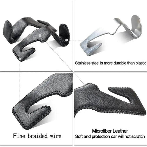 Universal Back Seat Headrest Hooks For Purses Bags Groceries Cloth And Drinks And More Microfiber Leather And Stainless Steel Car Hanger details