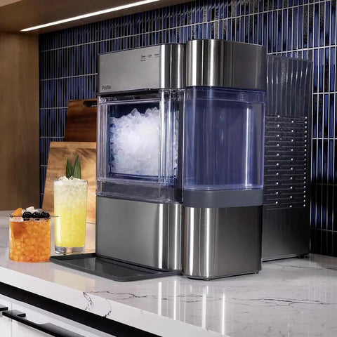 GE Profile Opal 2.0 Nugget Ice Maker With Side Tank Pellet Ice WiFi 38 Lb 24 Hr on a kitchen counter
