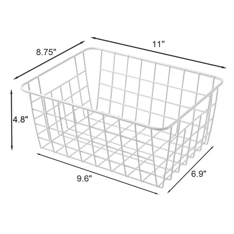 Set Of 4 White Wire Storage Baskets For Freezer, Pantry, And Bathroom Organization, 8.75 W X 11 L X 4.8 H view with dimensions