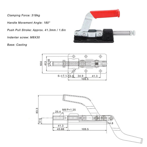 Push Pull Toggle Clamp With Quick Release For Easy Setup No Fuss And Stable Clamping Force The All Around Fixing Fixture For Woodworking Jigs Pocket Hole Jigs Metal Sheets Circuit Boards And Welding Projects Model 30607M, front view with red handle and technical diagram, 41.3mm stroke, 318kg clamping force.
