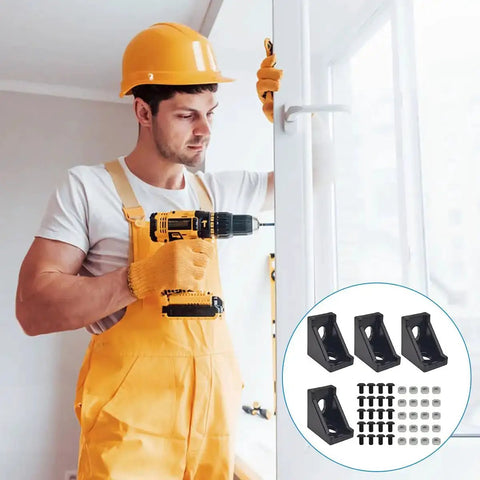 Worker using a drill near window with inset showing Aluminum Extrusion Corner Brackets Kit For 20S Rails 20x28x28mm L Shaped Brackets