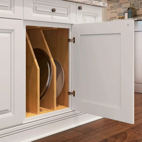 Soft Close 105 Degree Face Frame Cabinet Hinges for Three Quarters Inch Overlay, cabinet door open showing hinge and interior storage
