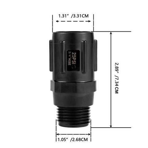 Garden hose pressure regulator, 25 PSI, 3/4 in FHT to 3/4 in MHT, black plastic body with threaded ends.