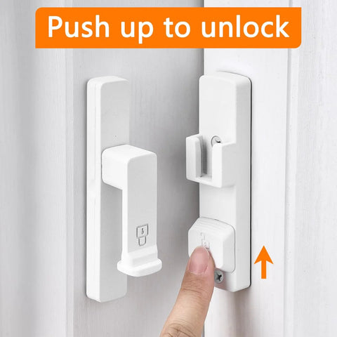 Close-up of Matte White 90 Degree Barn Door Lock with Dual Locking System Zinc Alloy Right Angle Latch shown in unlocking action