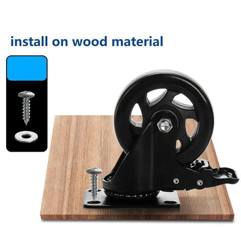 Four Inch Heavy Duty Swivel Plate Caster Wheels With Brake And 360 Degree Dual Locking installed on wood material