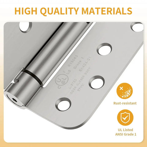 Close-up of Luxbaro UL listed 4-inch self closing spring loaded door hinge showing durable rust-resistant metal material.