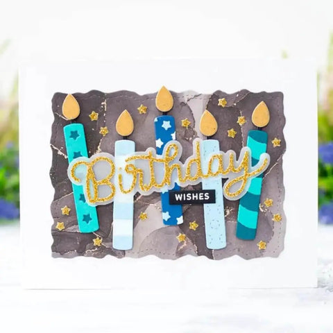 Greeting card with colored candles and Birthday Wishes using Happy Birthday Balloons Metal Die-Cuts For Scrapbookers And Card Makers.
