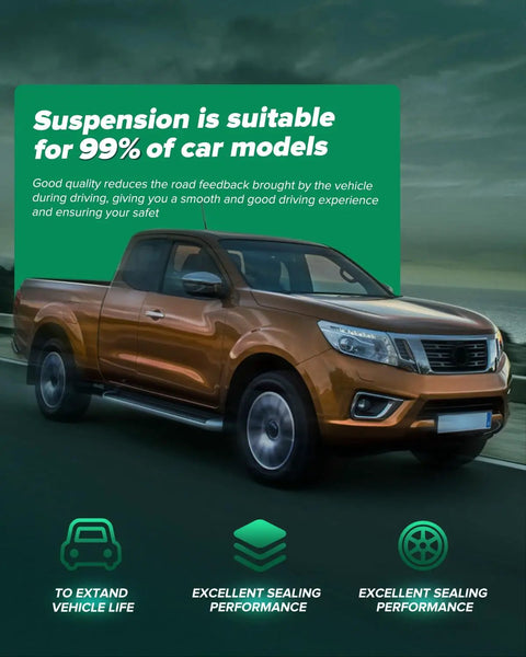 Pickup truck with text highlighting suspension's suitability for 99% of car models, featuring enhanced vehicle life and sealing performance.
