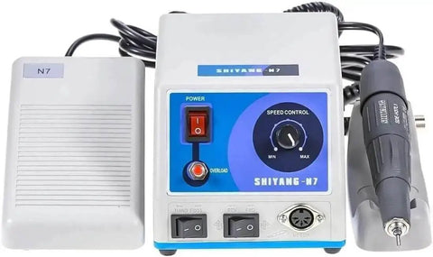 Pro Grade Micro Motor Polisher N7 S04 For Lab Use with quick change burs system, smooth start to 35,000 RPM, control unit visible.