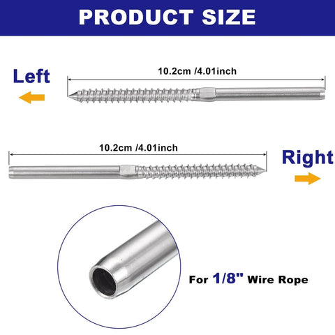 Product size of Left And Right Handed One Eighth Inch Cable Swage Lag Screws T316 Stainless Deck Railing Hardware For Wood Posts.