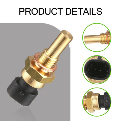 Engine Water Temperature Sensor For Cars Reliable Cooling Temperature Sensor Replacement Part Fits Delphi Gold And Black Metal Body With Tight Threads Easy Install Durable And Accurate Reading. Shown are close-up and side views of the product features including the 2-pin connection and metal body.