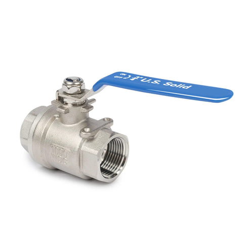 Ball valve, 3/4 inch, 316 stainless steel with blue lever handle and female NPT threads.