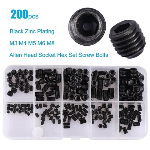200 Piece Grub Screw Kit M3 M4 M5 M6 M8 Metric Hex Socket Head Cap Screws With Wrenches Durable Alloy Steel Cup Point Hex Drive