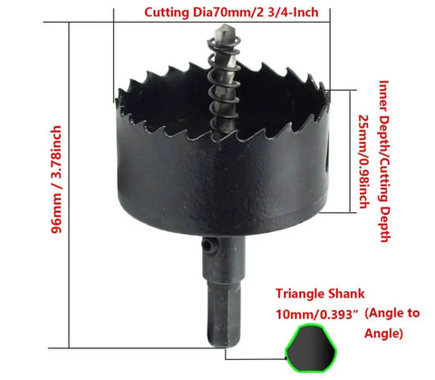 70mm Bi-Metal Hole Saw With Triangular Shank For Wood And Plastic, M42 High-Toughness Drill Bit, 10mm Shank Fits Most Drills