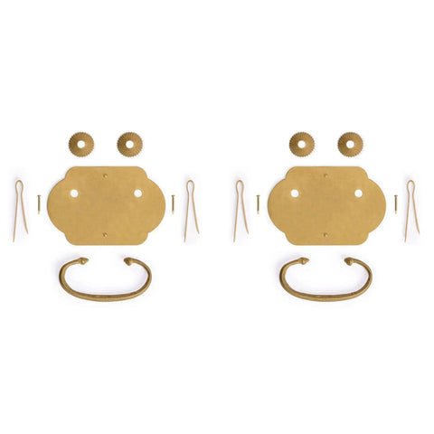 Prosperity Solid Brass Drawer Pulls Set Of 2, 2.7-Inch Cabinet Handles With Warm Patina Finish, parts laid out for assembly