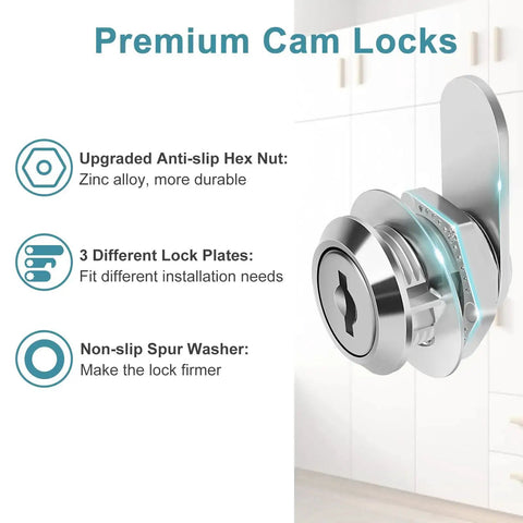 Keyed Alike Cam Locks For Cabinets And Drawers Five Eighths Inch Cylinder Fits Panels Up To Three Eighths Inch Thick Chrome Finish Zinc Alloy Two Pack For File Cabinets Mailboxes RV Storage Secure Easy To Install, side view with features highlighted.