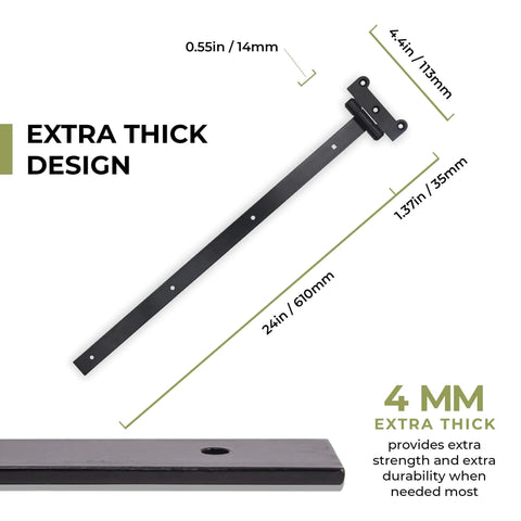 Diagram showing dimensions of 24 Inch Black T Strap Gate Hinges Set - Heavy Duty 2 Pack With 14 Mounting Screws, 4mm Thick Iron