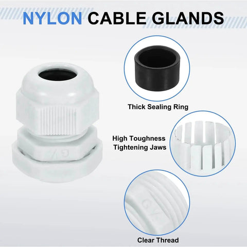 Five Piece G Half Inch Nylon Cable Glands Waterproof Cord Grip Connector With Adjustable Six To Eleven Millimeter Wire Grommet Protectors Includes Gaskets And Locknut For Junction Box Gray featuring components such as sealing ring and tightening jaws.