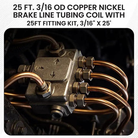 Copper-nickel brake line kit, 25 ft, 3/16 in OD, with fittings, connected to a metal valve block.