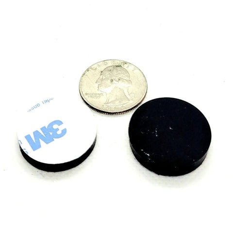 One Inch Round Silicone Rubber Bumper Feet Pads Three Sixteenth Inch Thick With Strong Adhesive Backing next to a coin