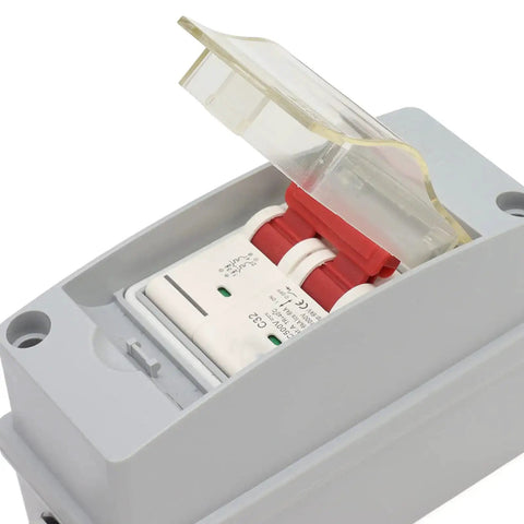 32A 500V PV DC Disconnect Switch MCB 2P Solar Breaker With IP65 Waterproof Distribution Box, open view showing breaker switch
