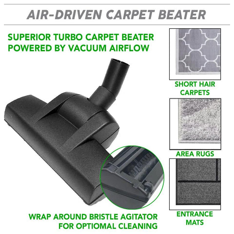 Air-driven carpet beater head for central vacuum, black plastic with wrap-around bristle agitator and 12-inch floor brush