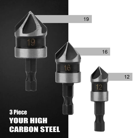 Countersink Drill Bit Set For Wood And Metal, Three Piece Quick Change Hex Shank Quarter Inch Bits In 12, 16 And 19 MM