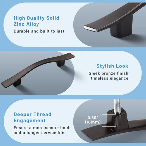 Five Pack 3 Inch Curved Oil Rubbed Bronze Cabinet Handles showing zinc alloy material and stylish design details