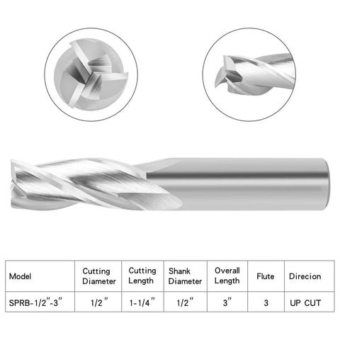 Upcut Spiral Router Bit 3 Flute With 1/2 Inch Shank And 1/2 Inch Cutting Diameter For Woodworking CNC Engraving