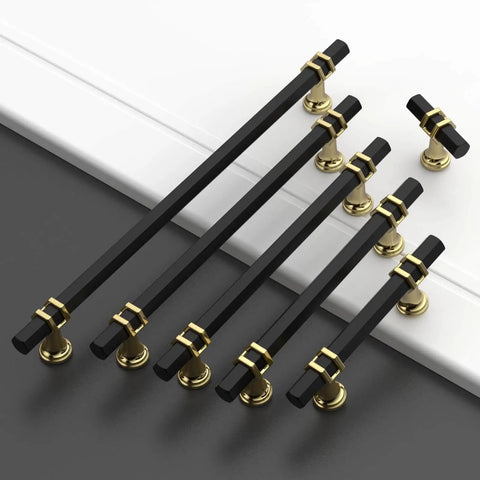 Set of Matte Black and Gold Cabinet Pulls for Kitchen and Bathroom, 5 Inch Center to Center 128mm, 10 Pack Drawer Handles displayed on surface.
