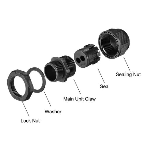 Exploded view of Two Hole PG16 Cable Gland Waterproof IP68 Nylon Joint with adjustable locknut, washer, main body, and seal components.