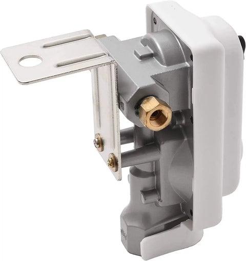 Side view of Dual Tank RV Propane Regulator With 2 Stage Auto Changeover for RVs and trailers, showing connector and mounting bracket.