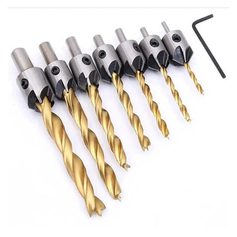 7 Piece Titanium Coated High Speed Steel Drill Bit Set 3 to 10mm Round Shank Countersunk Bits With Hex L Shaped Wrench For Woodworking And Chamfering, Boss Grade For Wood Metal Cast Iron And Titanium Projects