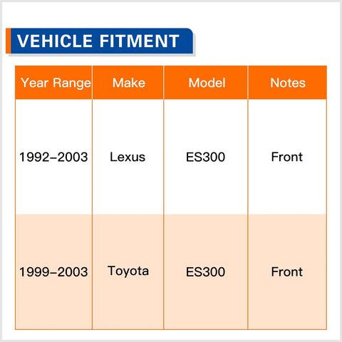 Vehicle fitment chart showing compatibility for Lexus ES300 1992-2003 and Toyota ES300 1999-2003, front use.