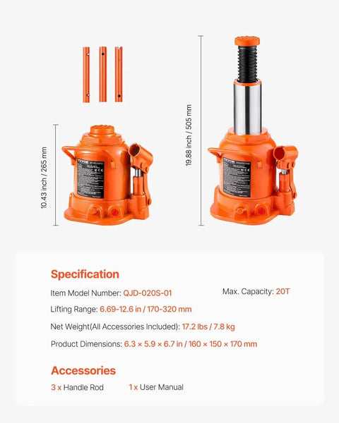 20 Ton Low Profile Hydraulic Bottle Jack With 6.69 To 12.6 Lift And Long Handle, image shows jack with handle and specifications.