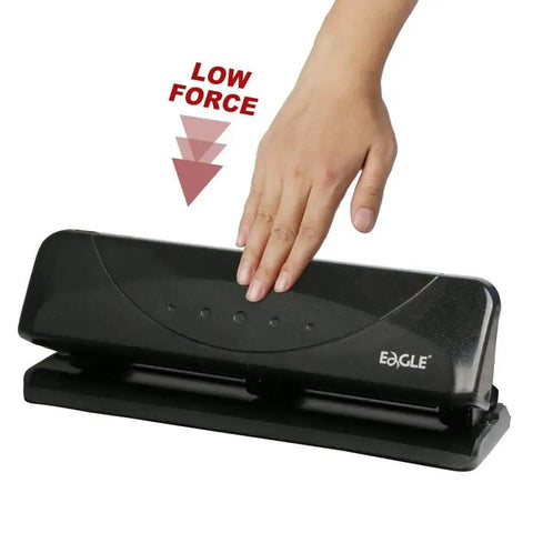 Low-Force No-Fuss 3-Hole Punch For 20-Sheet Capacity, Heavy-Duty Desktop Paper Punch with Squeeze Handle in use, black
