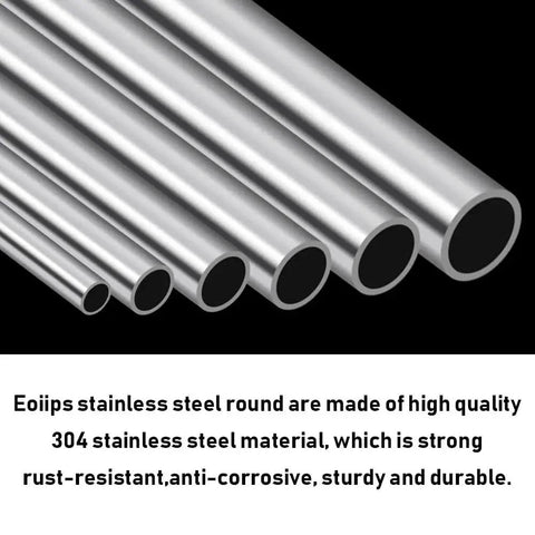 Multiple Eoiips stainless steel round tubes showcasing different diameters with a high-quality 304 stainless steel material description.