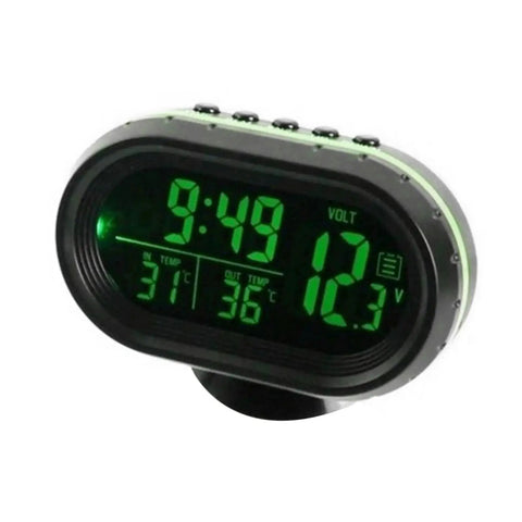 Car Digital Thermometer Clock With Dual Temperature Gauge And LED Backlight showing time, temperature, and voltage readings.